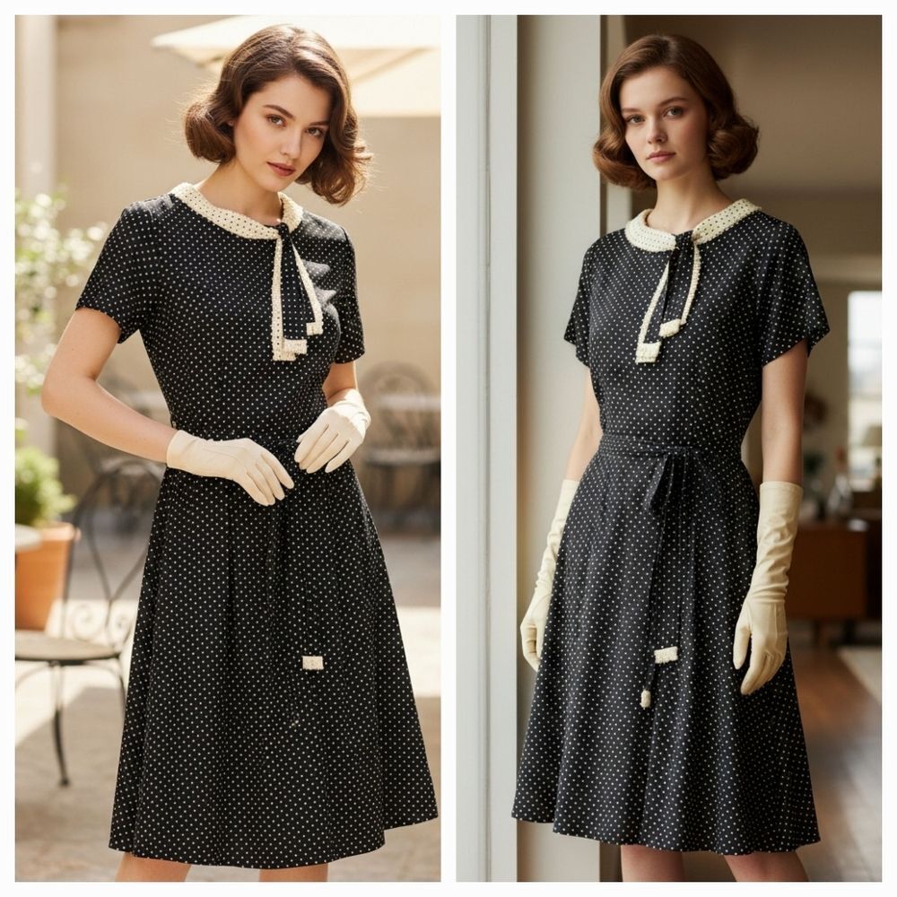 NEW Vintage 50s 60s Orweco Frocks Fringed Polka Dot Belted Dress in Black